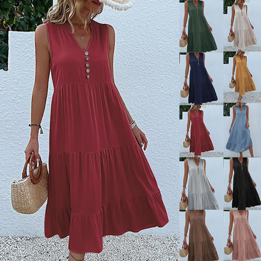 🔥Summer Caliente Venta🔥Vestido amplio con dobladillo a capas y detalle de botones - Compre 2 envío gratis