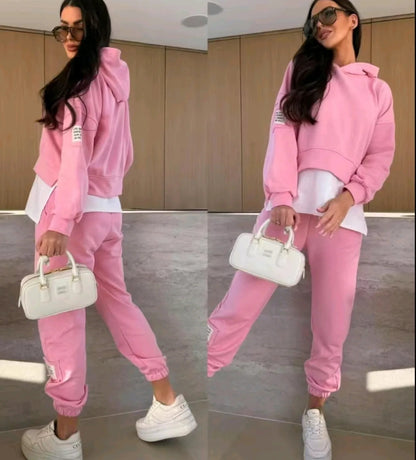 🍂KAUFE 2 UND ERHALTE KOSTENLOSEN VERSAND✨🩷Lässiger Sweatshirt-Anzug mit Kapuze und Patchwork für Damen