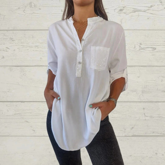 🌸Camisa de mujer con cuello en V y parches de lentejuelas