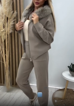 Set aus Kapuzenjacke mit Reißverschluss und Jogginghose mit Plüschkragen für Damen🔥Kostenloser Versand🔥