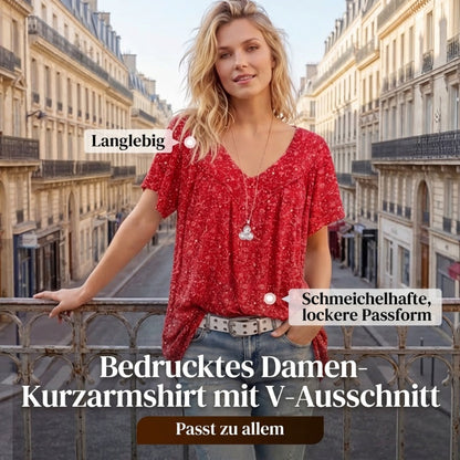 Damen Kurzarmbluse mit Frühlingsblumenprint: V-Ausschnitt & lockere Passform – Atmungsaktiv, knitterfrei & figurschmeichelnd für Frühling & Sommer