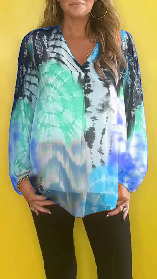 🔥Top informal con cuello en V y estampado Tie-dye