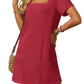 🌷 LETZTER TAG IM ANGEBOT: 50% RABATT!! 🏝️ Frauen Casual Kleid mit quadratischem Ausschnitt und kurzen Ärmeln, inklusive Taschen.