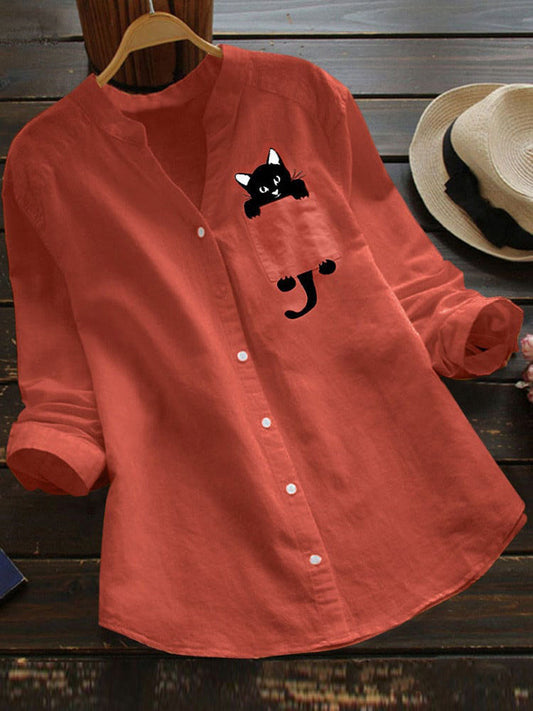 💕Camisa de manga larga con cuello en V y bolsillo de algodón con estampado de gatos