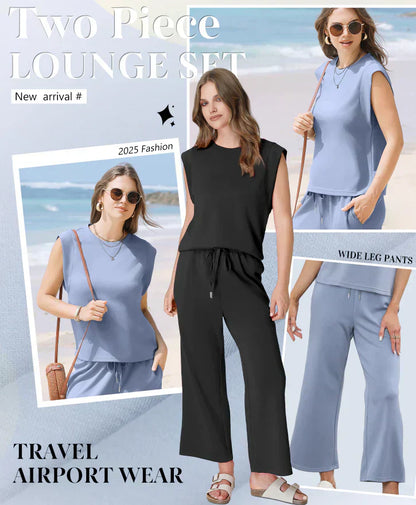 🌺2025 Neu eingetroffen🌺2025 Neue Frauen Casual Cap Sleeve Top Wide Leg Crop Pants Zweiteilige Sets