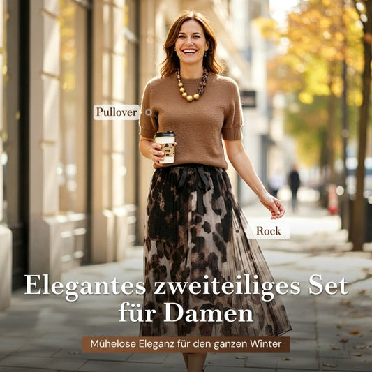 Zweiteiliges Set für Damen bestehend aus Pullover und fließendem Rock mit Leopardenmuster