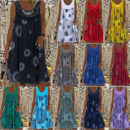 💥💥Damen-Sommerkleid mit O-Ausschnitt und ärmellosem Print