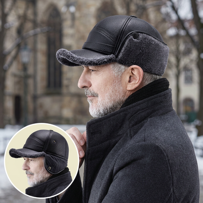 Neue Herren-Wintermütze mit Lammfell und flacher Krone, mit Ohrenschützern