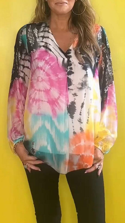 🔥Top informal con cuello en V y estampado Tie-dye