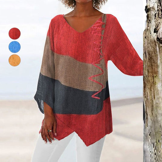💖2025 Neues Angebot💖💃Elegantes lässiges V-Ausschnitt Langarm Kunstmuster bedrucktes Top für Damen