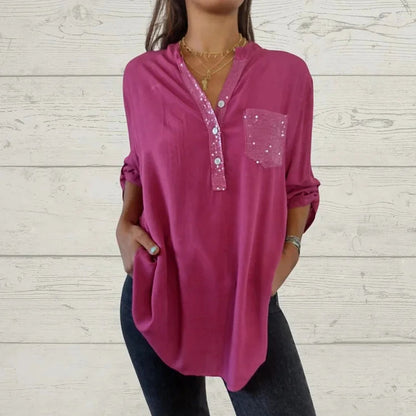 🌸Camisa de mujer con cuello en V y parches de lentejuelas