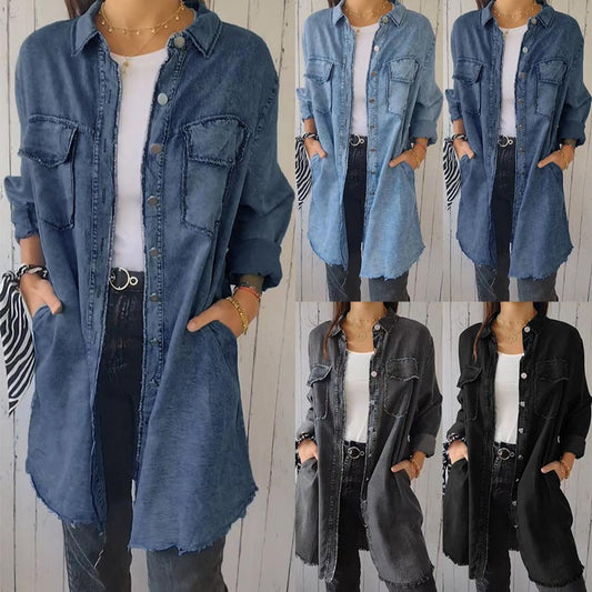 💕Compre 2 envío gratis🔥Faux Denim Cómodo Abrigo Largo Camisa