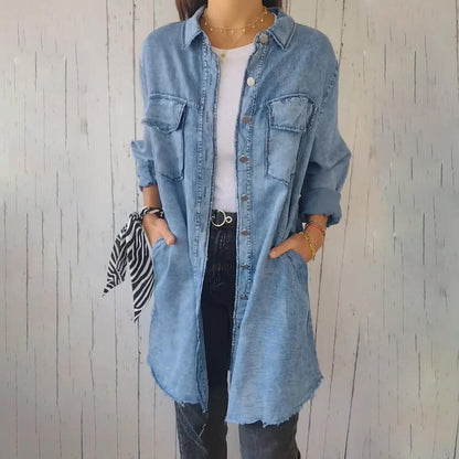 💕Compre 2 envío gratis🔥Faux Denim Cómodo Abrigo Largo Camisa