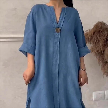 🔥Compre 2 envío gratis🔥Vestido Casual Transpirable Manga 3/4 Cuello en V Color Sólido