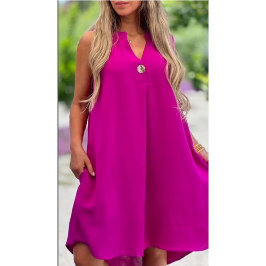 🔥Compre 2 envío gratis🔥Vestido monocolor sin mangas con escote en V y adorno de botones