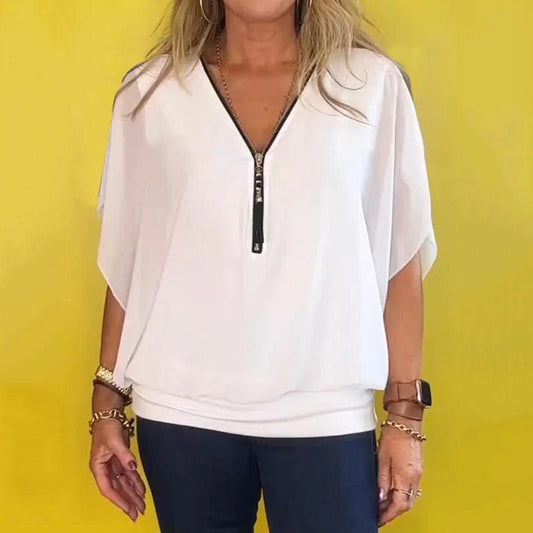 🌸Hasta el 49% de descuento🔥Top casual de mujer con cuello de gasa y cremallera