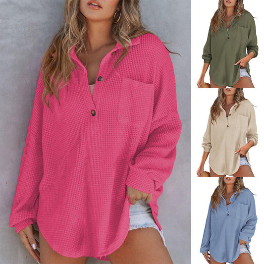 💕Compre 3 envío gratis🔥Camisa de punto waffle suelta de color sólido para mujer