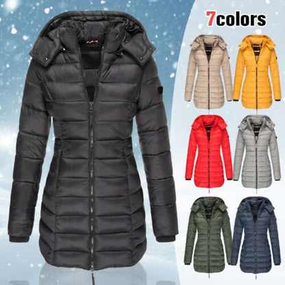 Warme, mittellange Damen-Winterjacke – wattiert, einfarbig & mit Kapuze