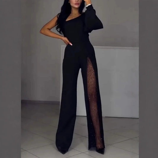 ✨👠Damen One Shoulder Glitter Mesh Flared Jumpsuit🖤 Mode Party Essential, funkeln und glänzen, ziehen Sie die Aufmerksamkeit auf sich!