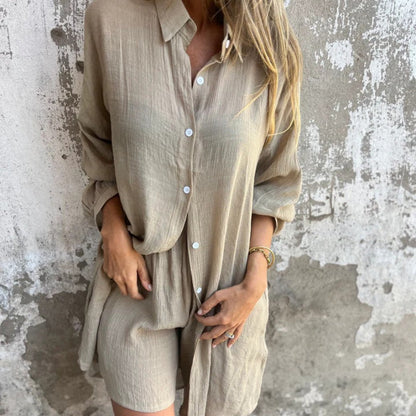 🌞Frühlingserwachen: 50% Rabatt!👕Damen Lässiges Zweiteiler – Langarmhemd & Shorts, Relaxed Fit & Atmungsaktiv für Sommer