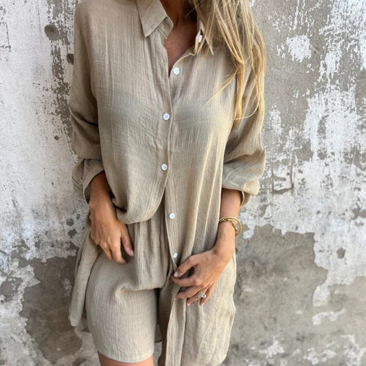 🌞Frühlingserwachen: 50% Rabatt!👕Damen Lässiges Zweiteiler – Langarmhemd & Shorts, Relaxed Fit & Atmungsaktiv für Sommer