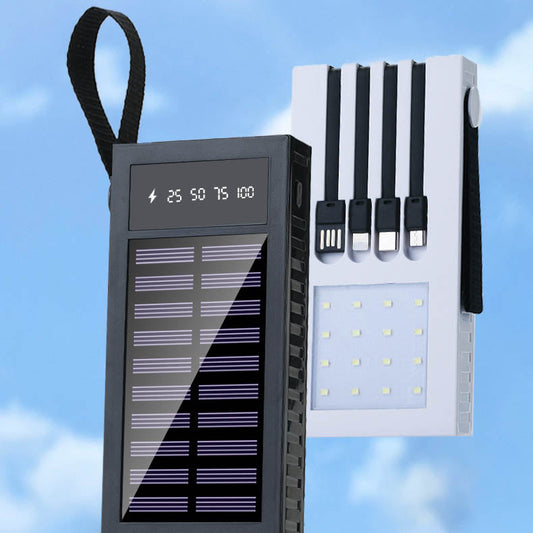 10000mAh tragbare Solar-Powerbank mit eingebautem Kabel und LED-Licht