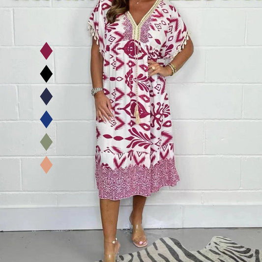 💞Was soll ich morgen anziehen?🌞Bedrucktes Freizeitkleid mit V-Ausschnitt und Fransen an den kurzen Ärmeln