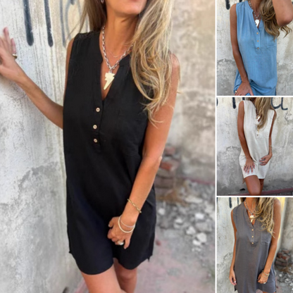 👗Frühsommer Neu✨Damen ärmelloses Kleid mit V-Ausschnitt und Knopfleiste