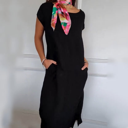 🌼Kurzärmeliges Baumwollkleid mit Rundhalsausschnitt für Frauen