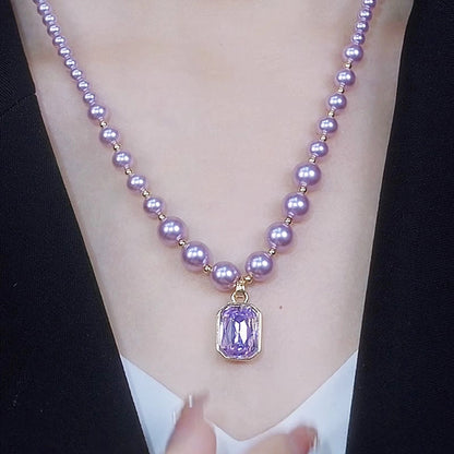 💜Elegant Purple Imitation Pearls Necklace with Pendant