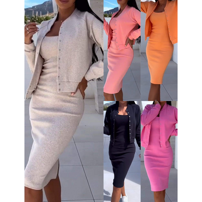 💎 50% RABATT – NUR FÜR KURZE ZEIT! 💎 Set aus figurbetontem Spaghettiträger-Kleid & Kurzjacke – 5 Farben, S–3XL, Stretch-Glamour ohne Kompromisse 🌸👗