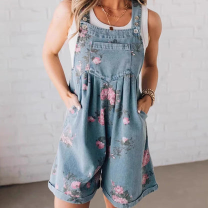 🌸Modischer Denim-Overall mit Blumendruck im Vintage-Look