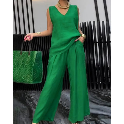 Women's Summer Solid Loose Sleeveless V-Neck Top & Wide-Leg Pants 2-Piece Set