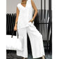 Women's Summer Solid Loose Sleeveless V-Neck Top & Wide-Leg Pants 2-Piece Set