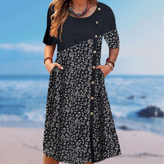 Damenkleid aus Patchwork-Baumwoll-Leinen mit Vintage-Print