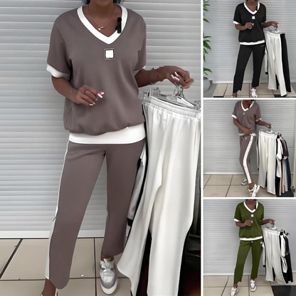 ⏳Begrenzte Zeit 50% Rabatt💥Lässiges Damen-Zweiteiler: Top mit V-Ausschnitt und Hose