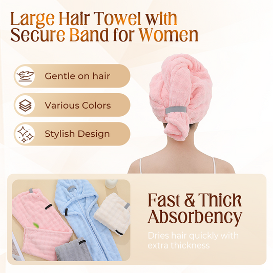 🛁  Großes Haarhandtuch mit sicherem Band für Frauen