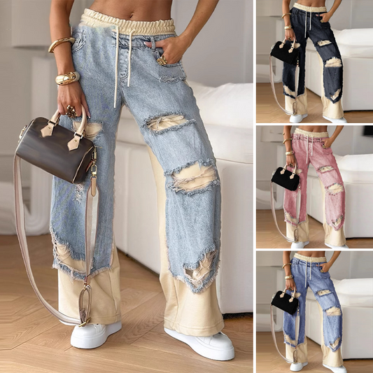 ⏳Begrenzte Zeit 50% Rabatt💥 Patchwork-Denim Elastische Bundweite Beine Hose✈️Kostenloser Versand bei 2 Einkäufen