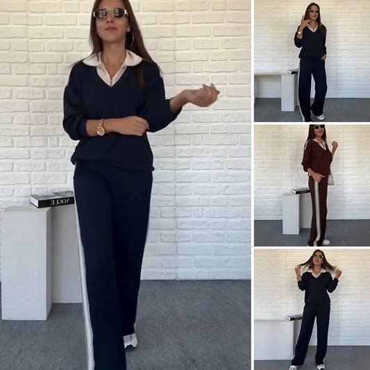 Damen-Set: Langarm-Oberteil mit Hemdkragen und Hose🔥Kaufen Sie 2 und erhalten Sie kostenlosen Versand