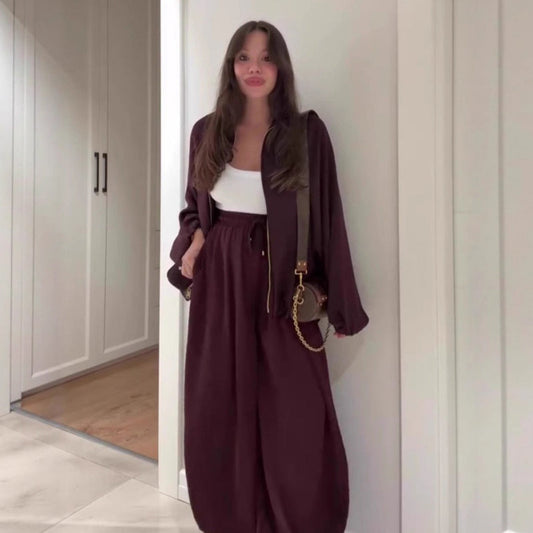 Damen lockeres Set: Jacke mit Reißverschluss & Weitbeinhose🔥KOSTENLOSER VERSAND