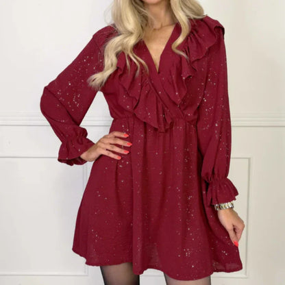 Mini-Kleid für Damen mit Rüschen und V-Ausschnitt in A-Linie