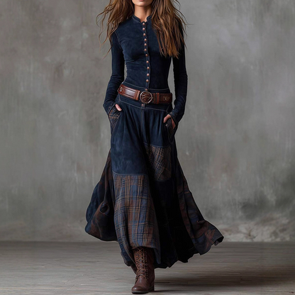 Vintage-Kleid mit Stehkragen und Knöpfen🔥Kostenloser Versand