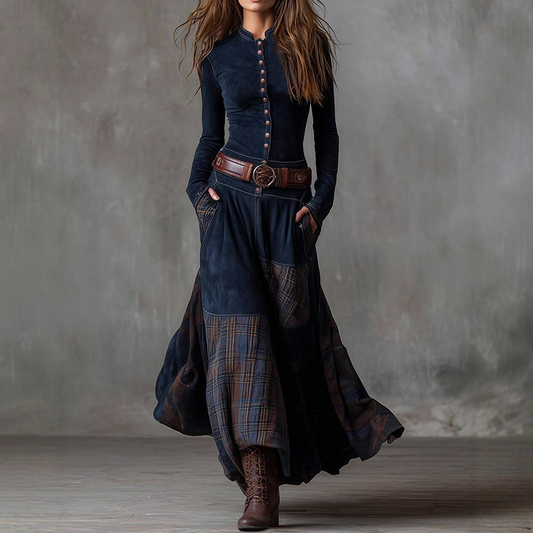 Vintage-Kleid mit Stehkragen und Knöpfen🔥Kostenloser Versand