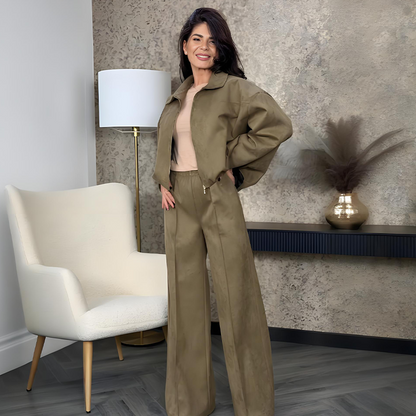 Zweiteiliges Set aus Damenjacke mit Reißverschluss und Hose mit weitem Bein🔥Kostenloser Versand