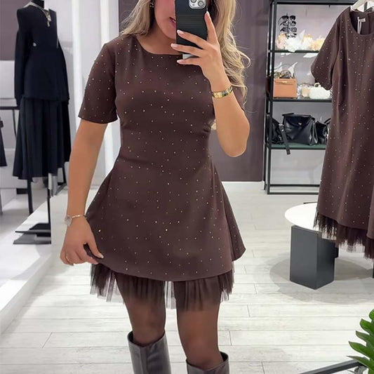 Glitzerndes Minikleid mit kurzen Ärmeln und Spitzenbesatz für Damen🔥Kauf 2 Artikel versandkostenfrei