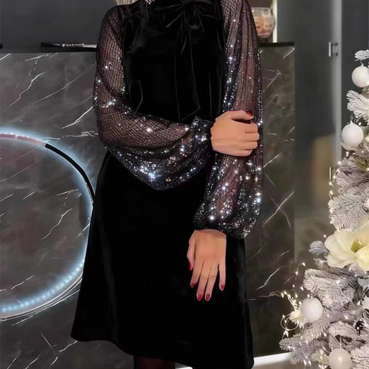 Damen Paillettenkleid mit Schleife am Kragen🔥Kauf 2 Artikel versandkostenfrei