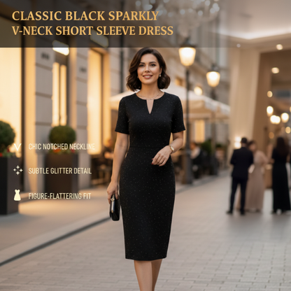Klassisches schwarzes, glitzerndes Kurzarmkleid mit V-Ausschnitt