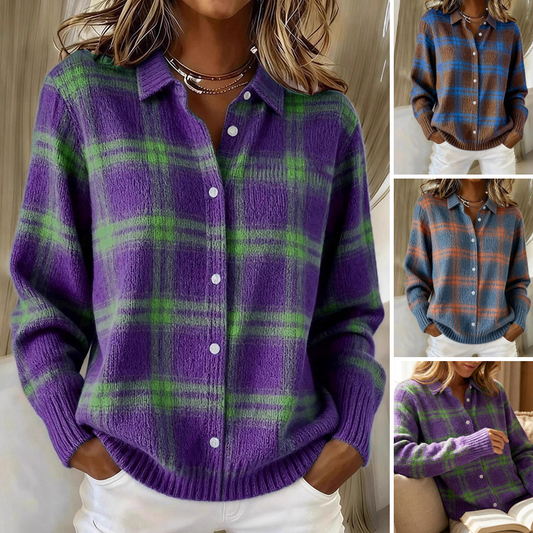 🔥Solange der Vorrat reicht 40 % Rabatt!🎉Damen-Strickjacke mit Karomuster und Knopfleiste