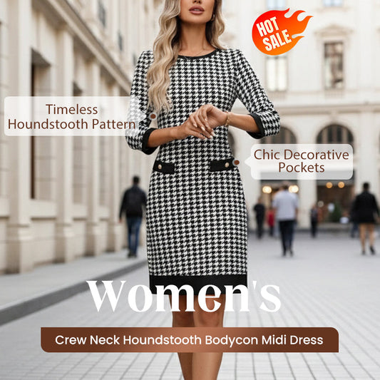 🏆 Heißer Verkauf – 49 % Rabatt ✨ Damen-Midikleid mit Rundhalsausschnitt und Hahnentrittmuster