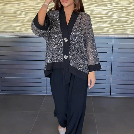 2-teiliges Set aus Damen-Strickjacke mit V-Ausschnitt und Pailletten sowie weit geschnittener Hose